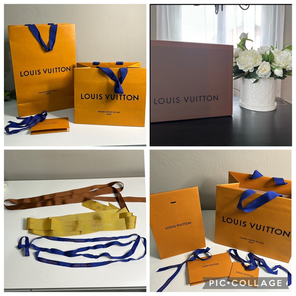 LV large box, bags (3), pouch, receipt cards (3) and ribbons (6)